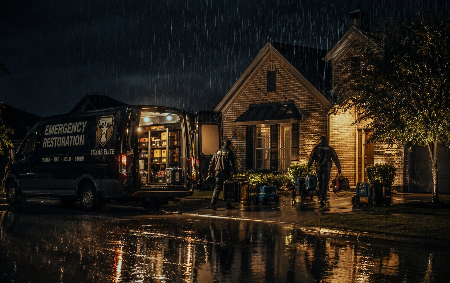 Emergency restoration crew arriving at a Mesquite home during a storm