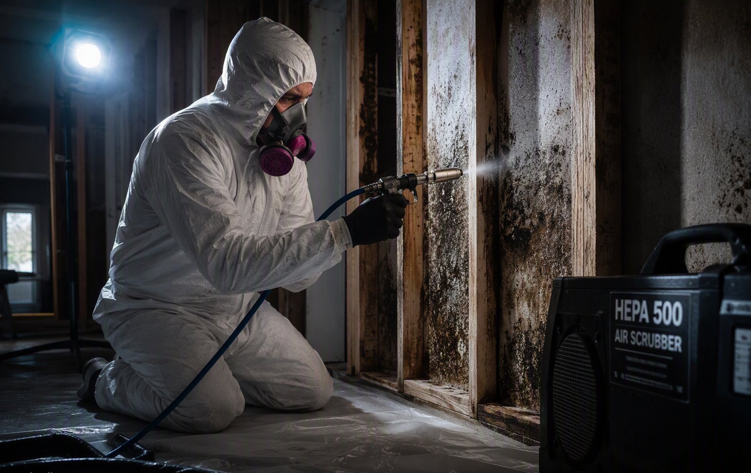 Mold remediation specialist treating a wall cavity