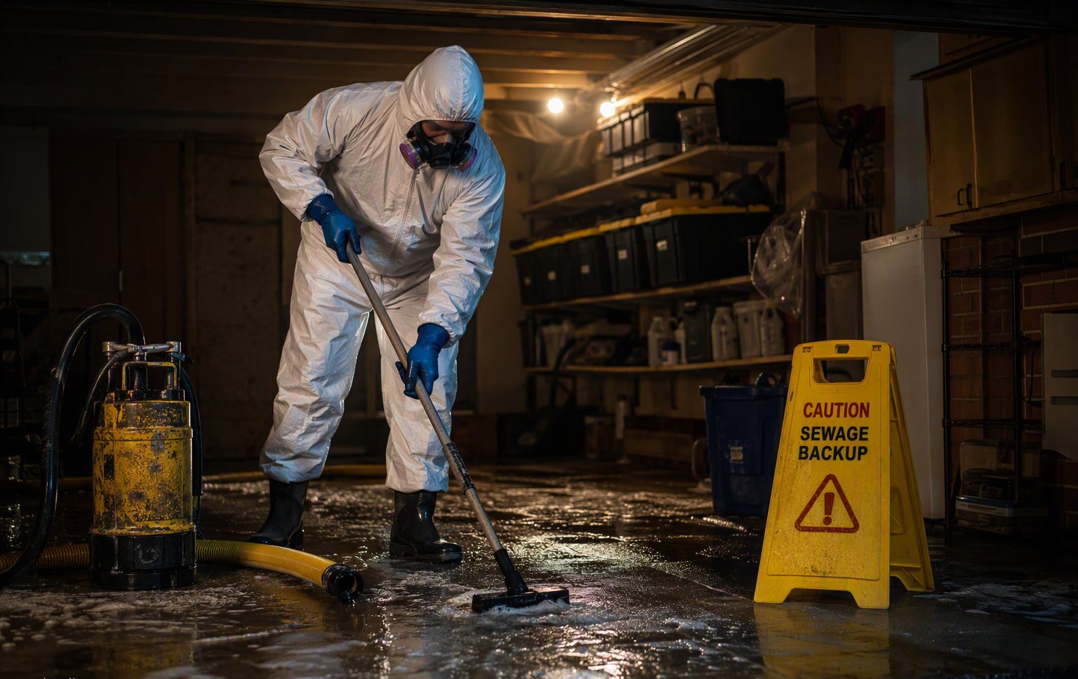 Protective-suited technician sanitizing after a sewage backup