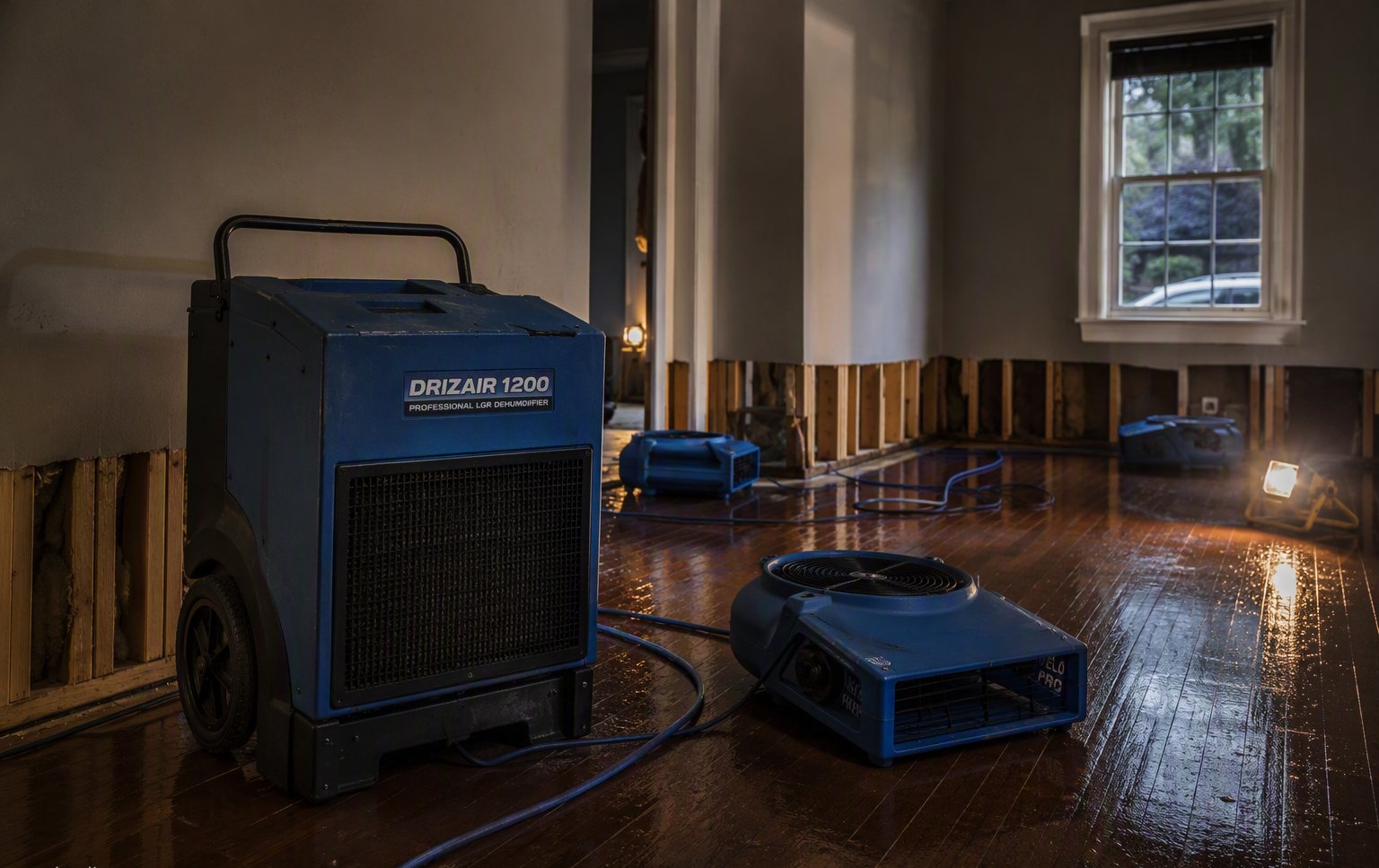 Industrial dehumidifiers and air movers drying a water damaged home