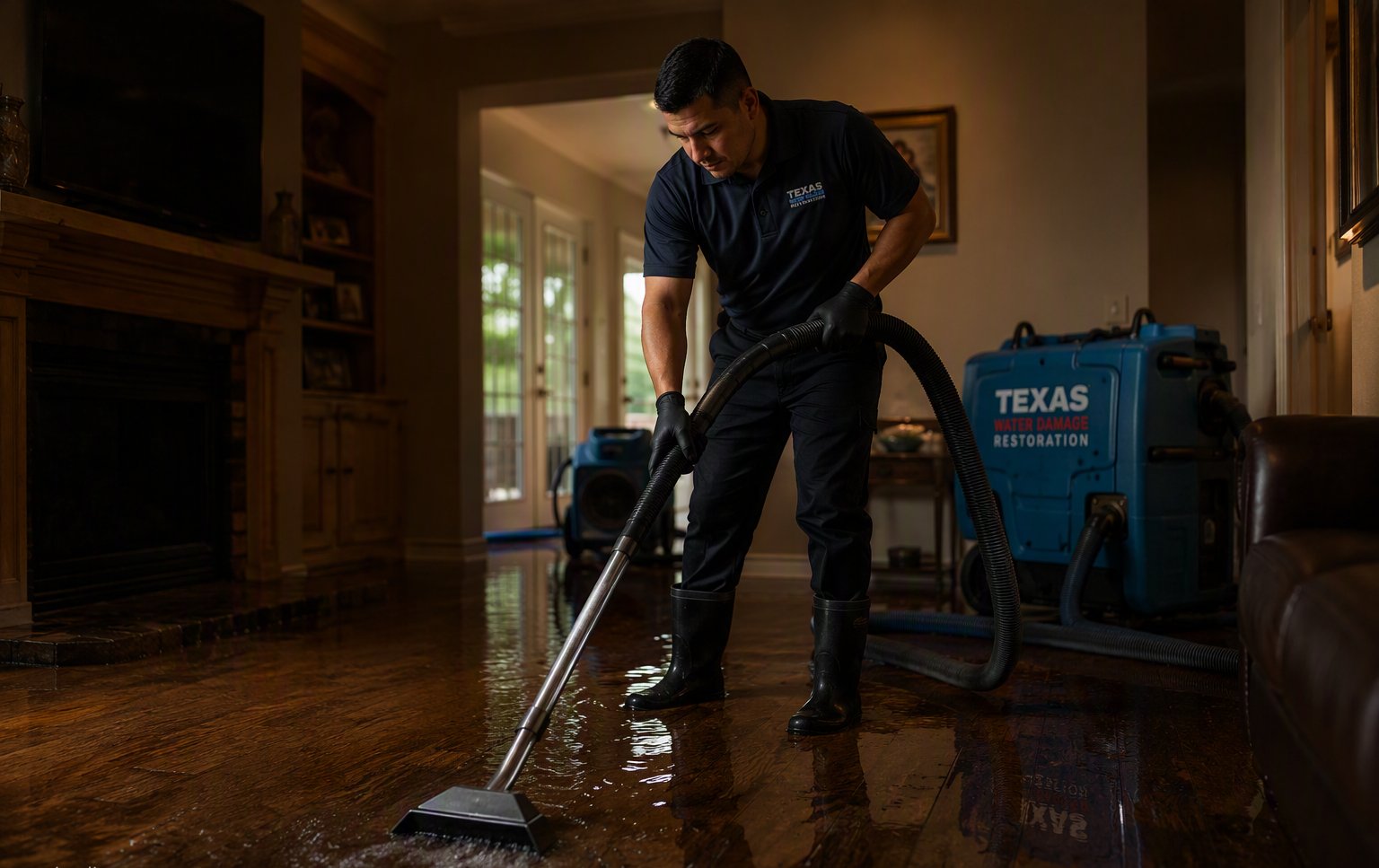 Technician extracting standing water from a flooded Mesquite home